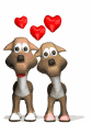 a couple of cartoon dogs standing next to each other with hearts flying over them .