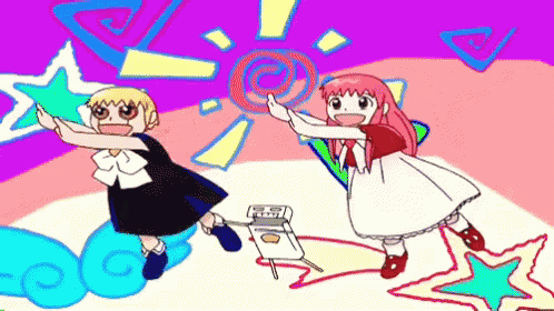 a cartoon of two girls giving each other high fives on a pink background