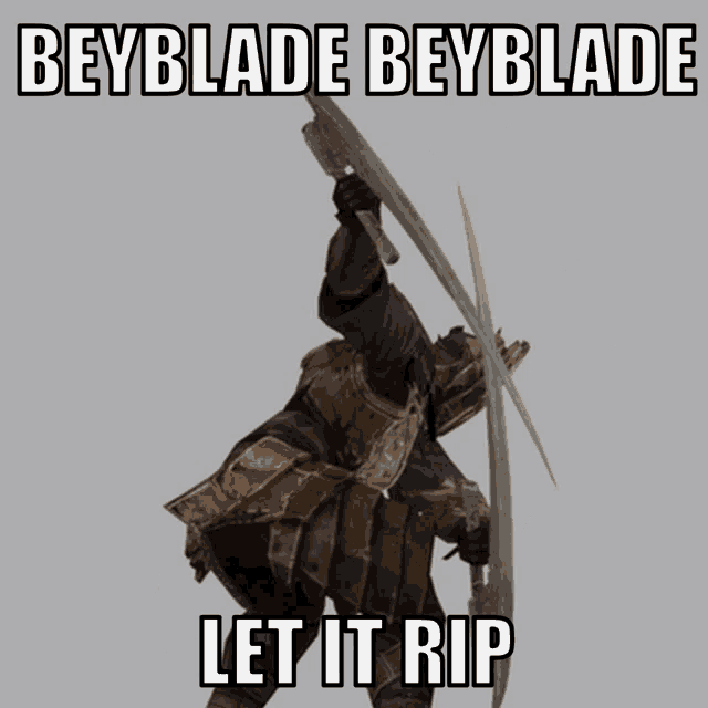 a video game character holding a sword with the words beyblade beyblade let it rip on the bottom