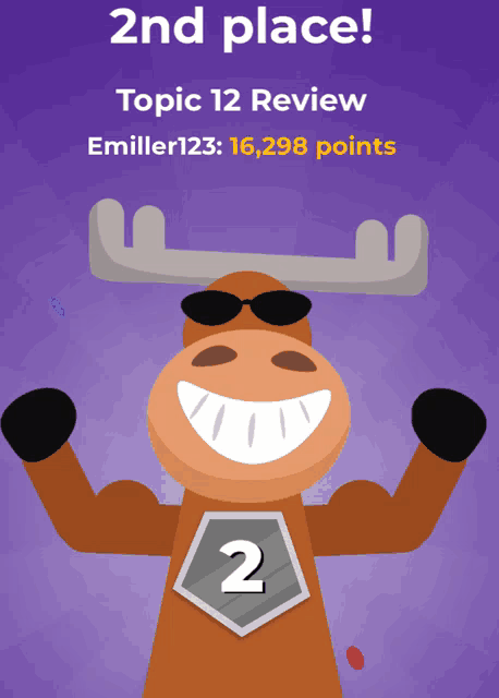 a moose wearing sunglasses has the number 2 on his chest