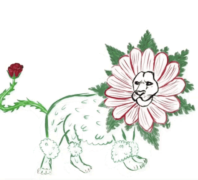 a drawing of a lion with a flower on its head and the word grrrrr on the bottom