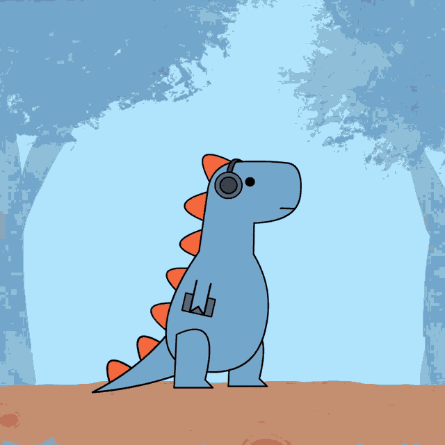 a cartoon of a dinosaur wearing headphones with a music note hanging from the sky