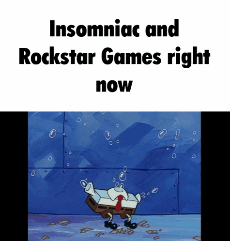 a cartoon of spongebob with the words insomniac and rockstar games right now on the bottom