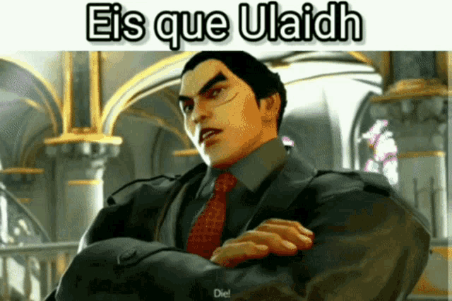a video game character with the words eis que ulaidh on the bottom