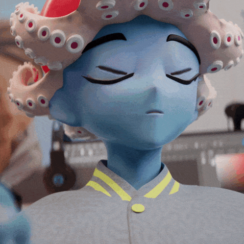 a blue cartoon character with a pink octopus hat on