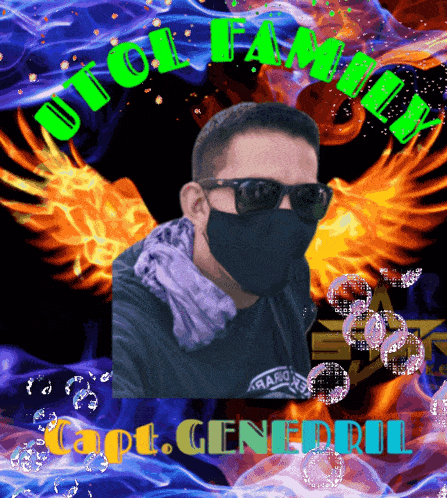 a man wearing sunglasses and a face mask is surrounded by flames and the words " uto family "