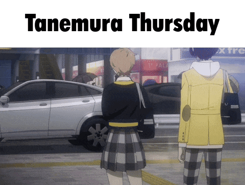 a couple of people standing in front of a car with the words tanemura thursday