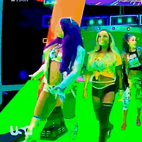 a group of female wrestlers are standing on a green stage .