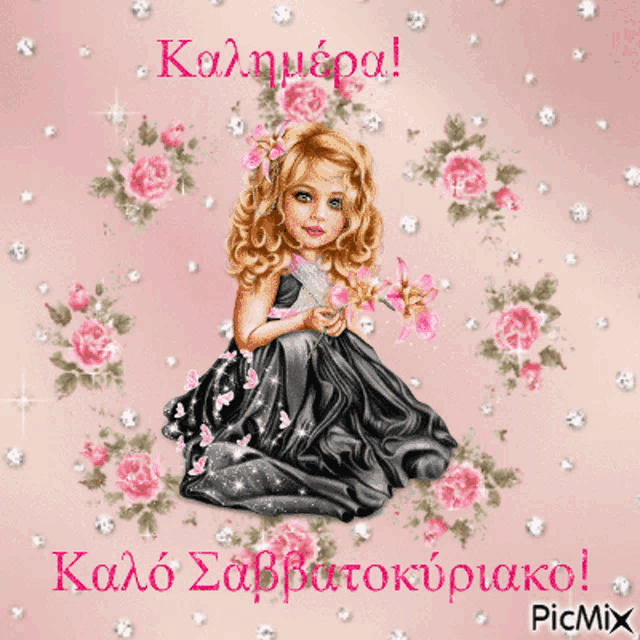 a little girl in a black dress is surrounded by pink roses