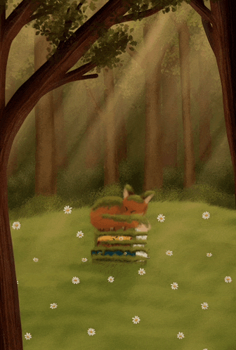 a fox laying on a pile of books in the grass