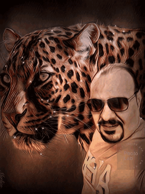 a man wearing sunglasses stands next to a leopard with a photo lab logo in the corner