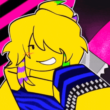 a cartoon of a girl with yellow hair and a blue shirt is smiling and looking at the camera .