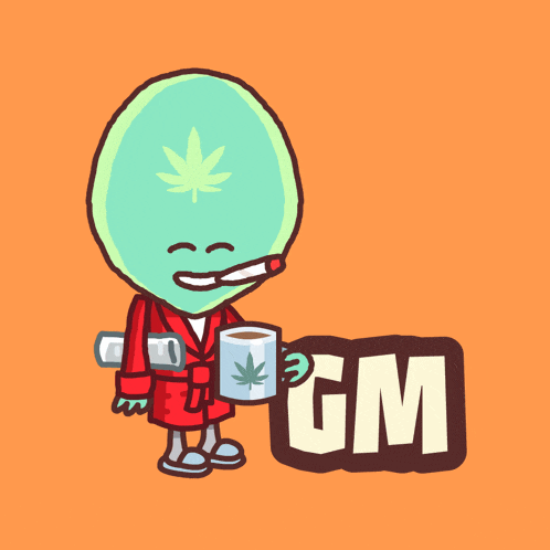 a cartoon character with a marijuana leaf on his head is holding a cup of coffee and a cigarette