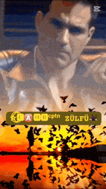 a painting of a man surrounded by birds and a sign that says ' lamrcptn zulfu '
