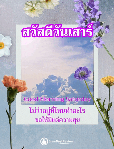 a poster that says good morning saturday with flowers in the background