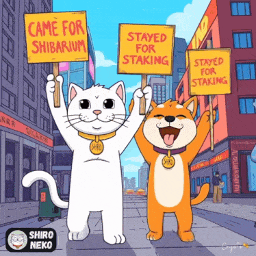 a cartoon of a cat and a dog holding up signs that say " stayed for staking "