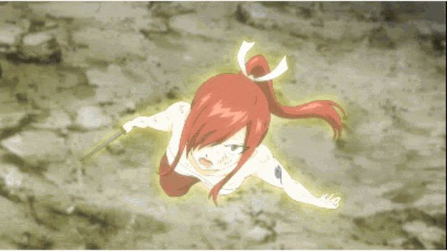 a woman with red hair is holding a sword in her hand