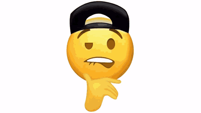 a smiley face wearing a black hat is thinking
