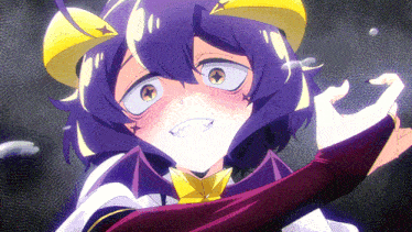a girl with purple hair and yellow horns is making a face