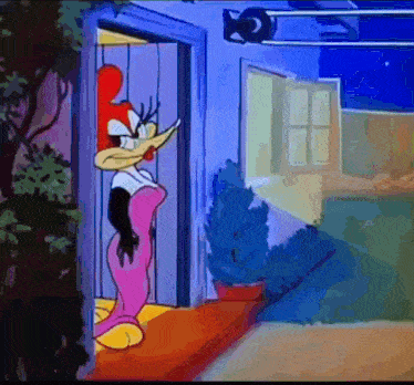 a cartoon character in a pink dress is standing in front of a door ..