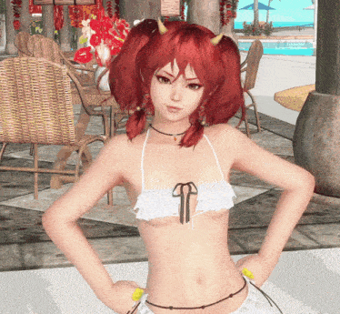 a girl with red hair and horns is wearing a bikini top