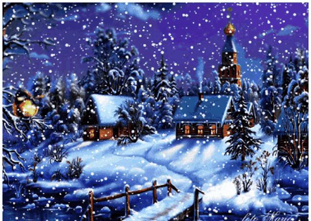 a painting of a snowy christmas scene with a church in the background