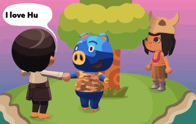 a video game character says i love hu while talking to another character