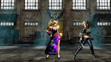 two women are standing in front of a building with graffiti on it that says kof
