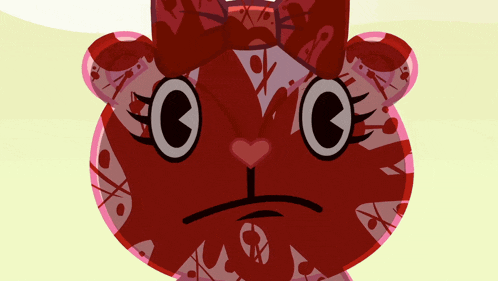 a red cartoon bear with a bow on its head has a sad look on its face