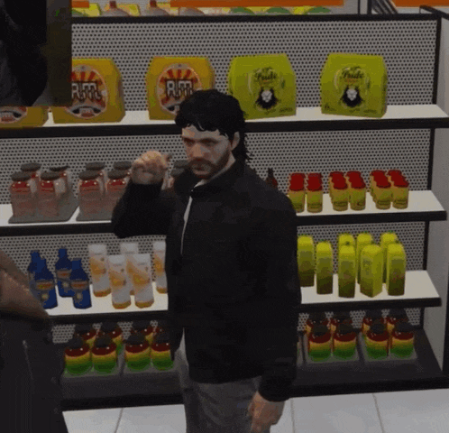 a man in a video game is standing in front of a shelf full of products including a bottle of furr