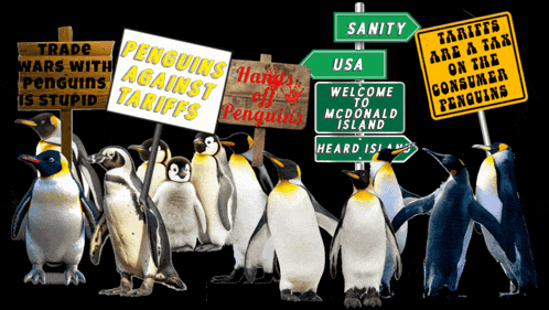 a group of penguins holding up signs that say penguins against tariffs
