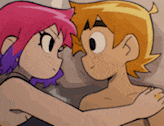 a cartoon of a boy and a girl hugging and looking at each other