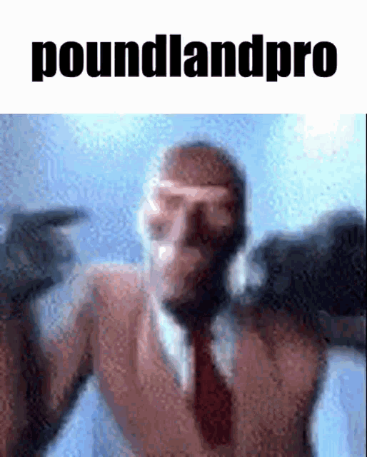 a man in a suit and tie is standing in front of a sign that says `` poundlandpro '' .