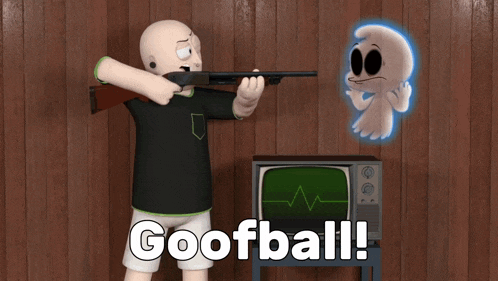 a cartoon character is pointing a shotgun at a ghost while the words be disagreeing are above him