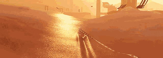 a computer generated image of a desert landscape with a few buildings in the background