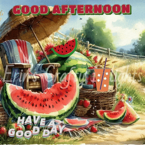 a painting of watermelon and strawberries with the words good afternoon have a good day