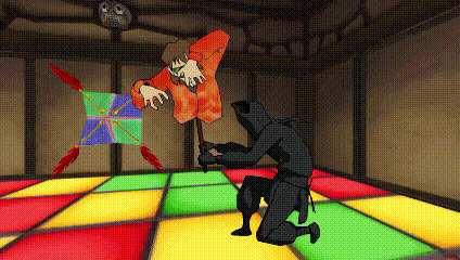 a cartoon of a ninja fighting another ninja on a colorful dance floor