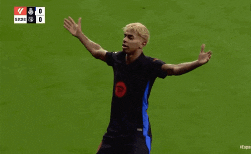 two soccer players are celebrating a goal with the scoreboard showing 4 to 0