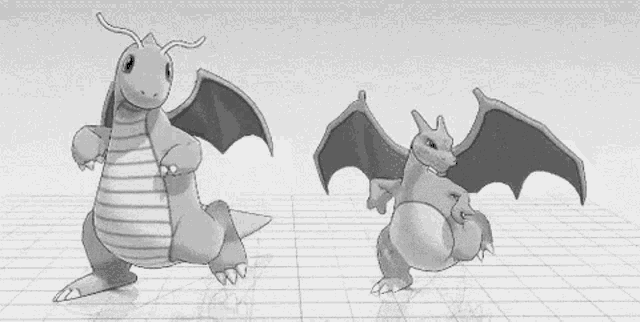 a black and white drawing of two dragons with wings standing next to each other .