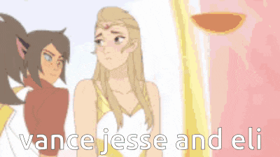 a cartoon of three girls standing next to each other with the words vance jesse and eli in the corner .