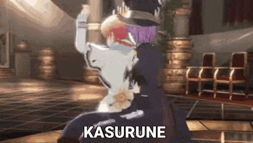 a video game character is dancing on a stage in a room with the words kasurune written on it .