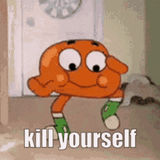 a cartoon character is standing in a room with the words `` kill yourself '' written on it .