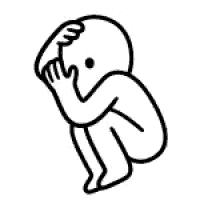 a black and white drawing of a person covering their face with their hand .