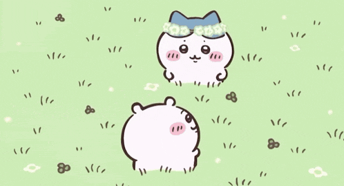 three cartoon characters are standing in a grassy field including a cat and a rabbit