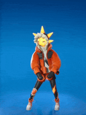 a cartoon character with a yellow face on his head is dancing on a blue background