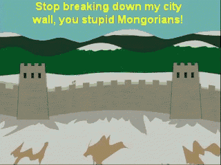 a cartoon drawing of a wall with the words " stop breaking down my city wall you stupid mongolians "