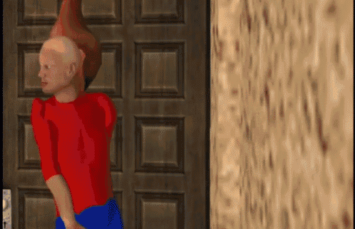 a man in a red shirt and blue shorts stands in front of a door