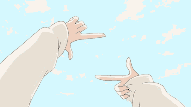 a drawing of two hands pointing at a blue sky with clouds