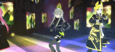 a group of anime characters are dancing in a dark room