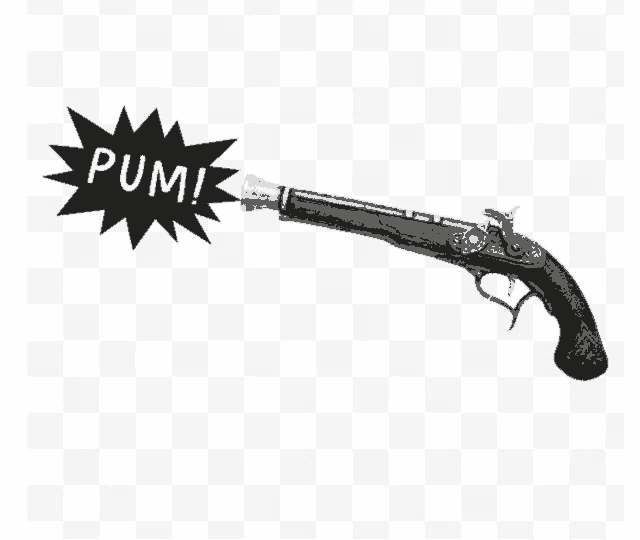 a black and white illustration of a gun with a pum sticker on it